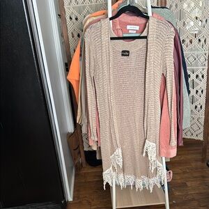 Audrey Beige Cardigan with Lace Trim